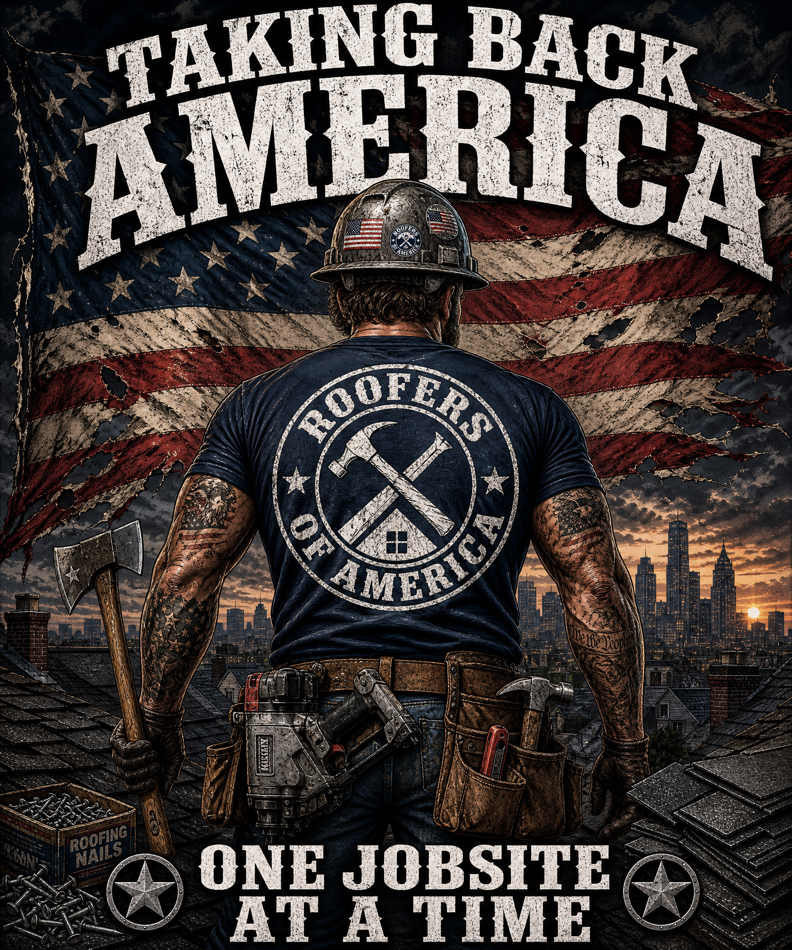 TAKING BACK AMERICA ROOFERS T-SHIRT | AMERICAN FLAG, HAMMER & SHINGLE EMBLEM