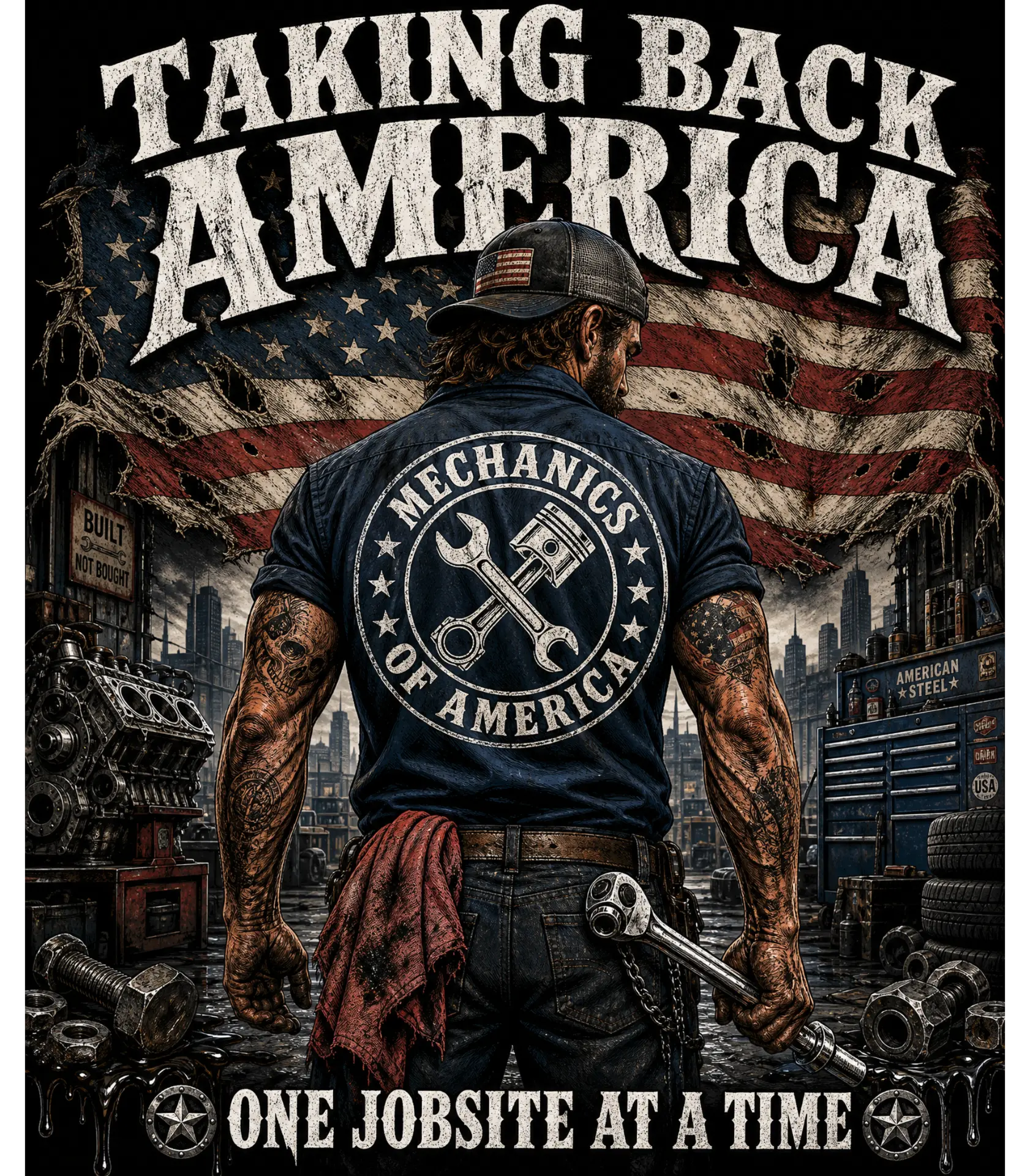 TAKING BACK AMERICA MECHANICS T-SHIRT | PATRIOTIC FLAG, MECHANICS EMBLEM