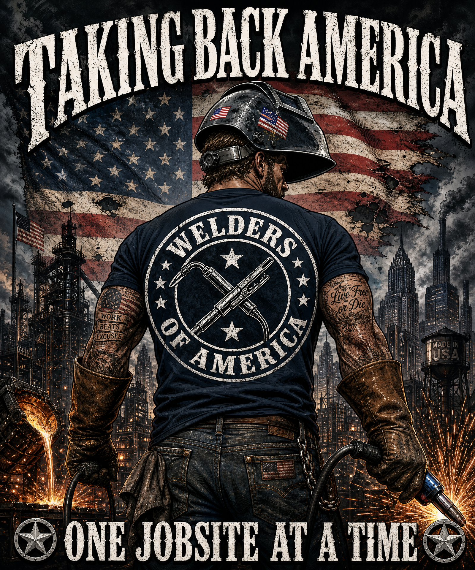 TAKING BACK AMERICA WELDERS T-SHIRT | AMERICAN FLAG, WELDER HELMET EMBLEM