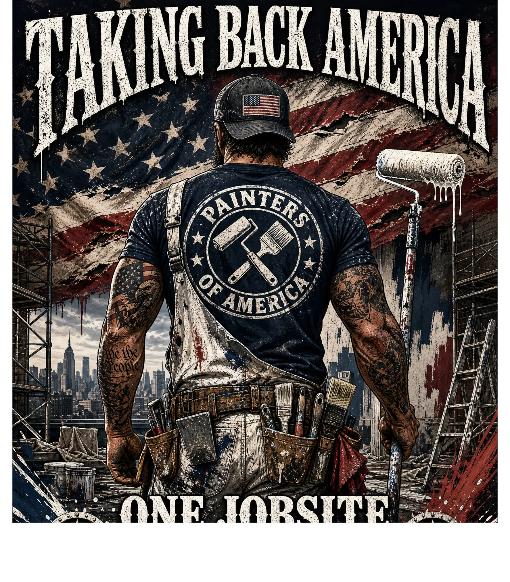 Painters Of America full-back tee design: painter with roller and brush over a distressed American flag