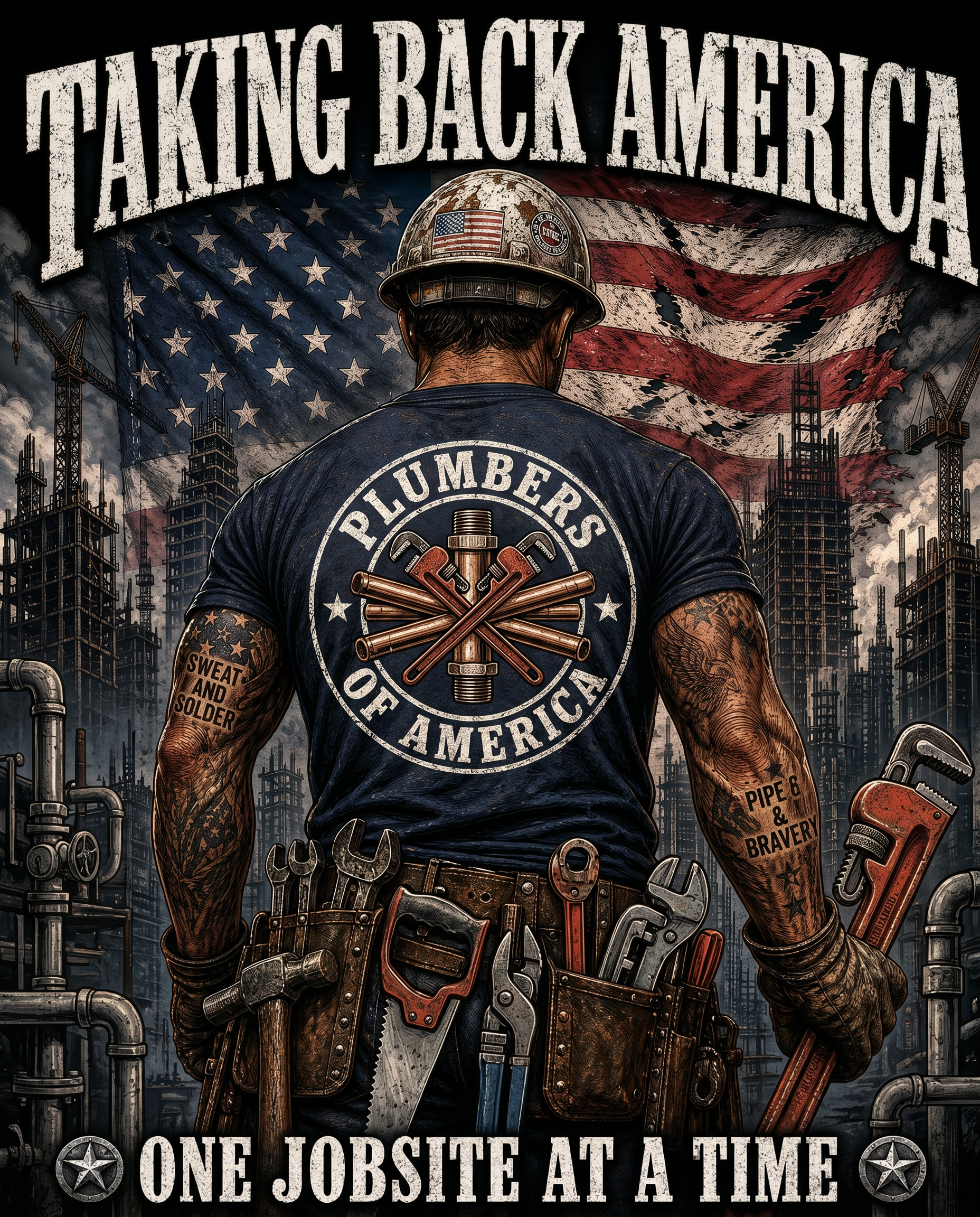 TAKING BACK AMERICA PLUMBERS T-SHIRT | AMERICAN FLAG, PIPE WRENCH EMBLEM