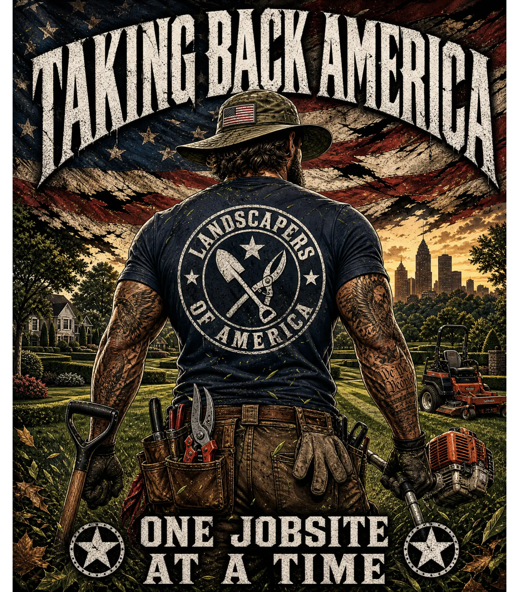 TAKING BACK AMERICA LANDSCAPERS T-SHIRT | AMERICAN FLAG, SHEARS EMBLEM