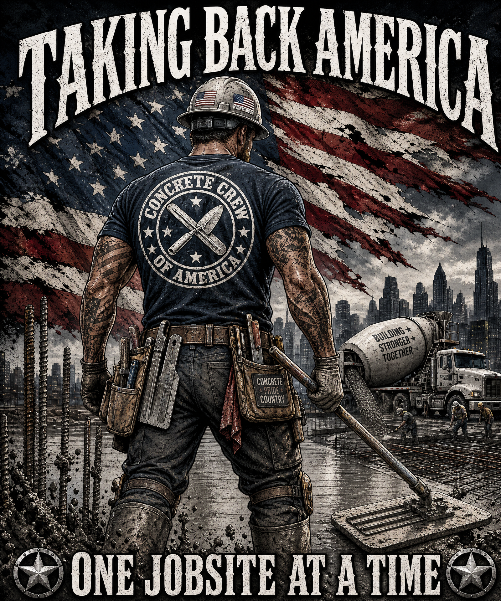 TAKING BACK AMERICA CONCRETE CREW T-SHIRT | AMERICAN FLAG, CONCRETE MIXER EMBLEM