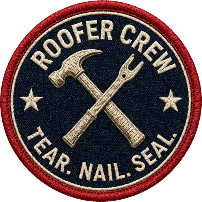 TAKING BACK AMERICA ROOFERS T-SHIRT | AMERICAN FLAG, HAMMER & SHINGLE EMBLEM — Front patch